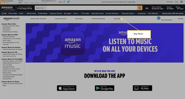 Amazon Music -verkkosivu, jossa Osta musiikkia korostettuna