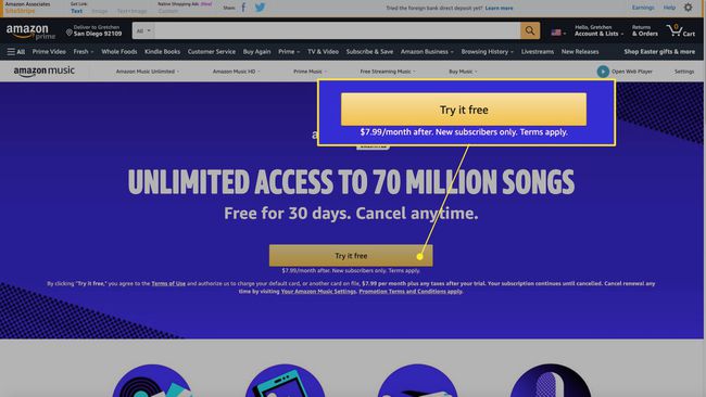 Amazon Music Unlimited -sivusto, jossa on "Try it free" -merkintä