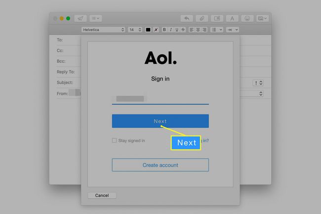 AOL-kirjautumisnäyttö Mac Mailissa