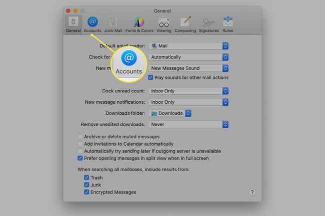 Tilit-välilehti Mac Mail -asetusikkunassa