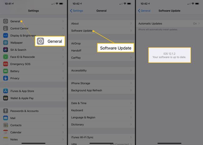 iOS-näytöt, joissa on General, Software Update ja iOS 12.1.2