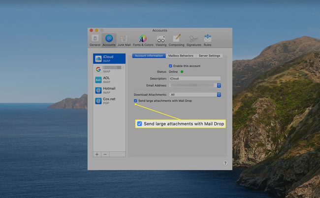Sähköpostiasetukset, joissa on mahdollisuus lähettää suuria liitteitä Mail Dropilla