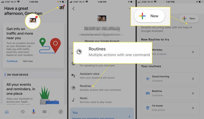 Google Assistant -sovellus, jossa Rotiinit ja Uusi korostettuina
