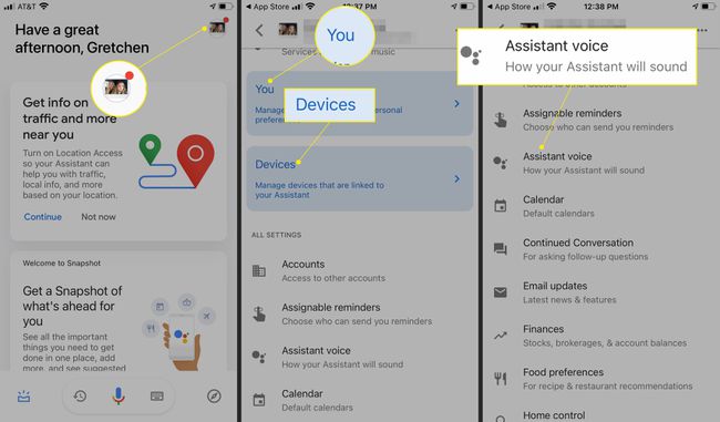 Google Assistant -sovellus, jossa profiilikuva ja lisäasetukset korostettuina
