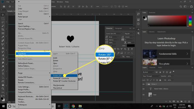 Kuvakaappaus Photoshopista, jossa Kierrä 180 astetta -komento on korostettuna