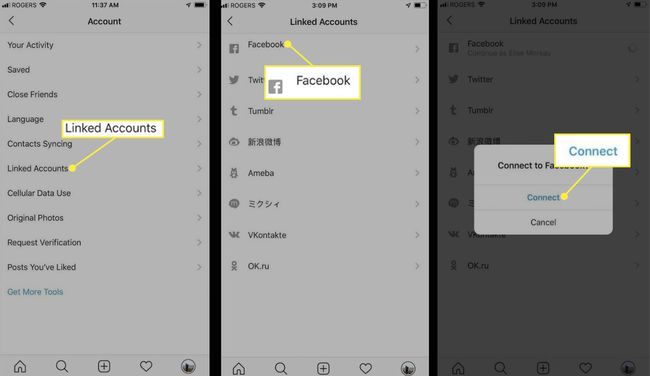 Linkitetyt tilit, Facebook ja Connect Instagram-sovelluksessa