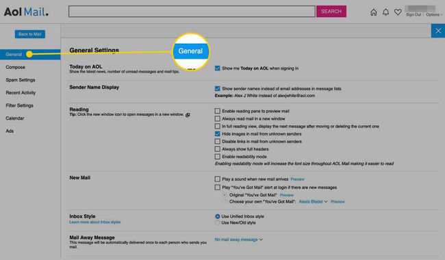 Asetukset AOL Mailissa, jossa Yleiset-otsikko korostettuna