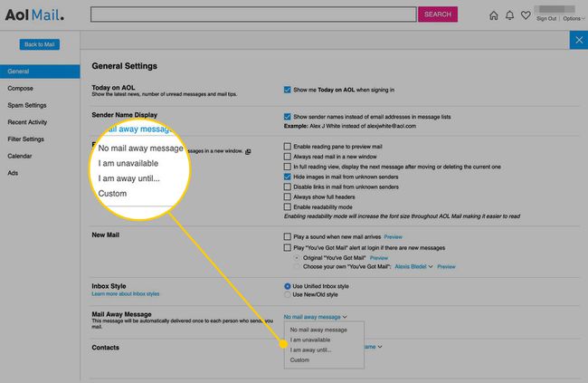 AOL Mail, jossa Poissaolo-asetukset on korostettuna