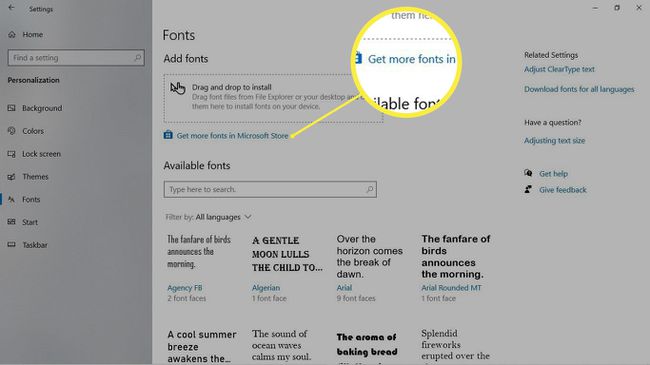 Windows 10 Fonts -asetusruutu, jossa on korostettuna Hanki lisää kirjasimia.