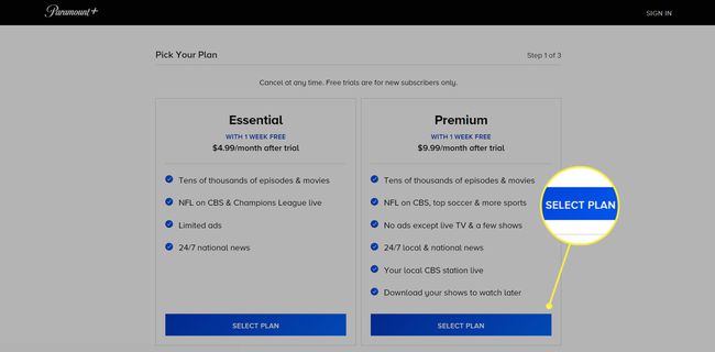 Paramount+ Valitse tilaussivusi, jossa Premium-tilauksen alla on korostettuna 