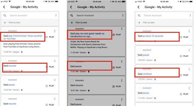 Kolme iPhonen Google Home -kuvakaappausta, joissa on esimerkkejä äänikomennoista Omat tapahtumat -näytöissä.  Keltaiset huomiotekstiruudut näyttävät komennon