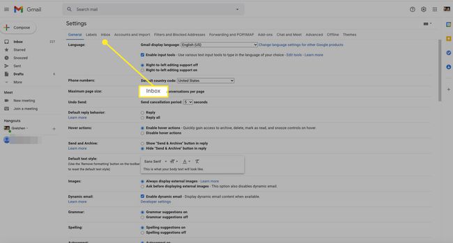 Gmail-asetukset Inbox-välilehden ollessa korostettuna