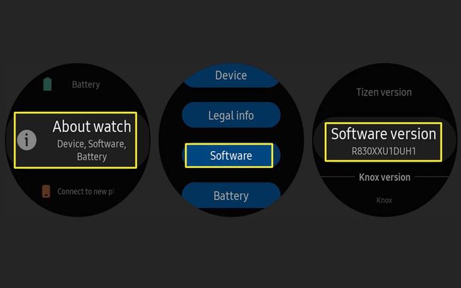 Käytä Galaxy Watchin ohjelmistoversiota Tietoja kellosta -valikosta.
