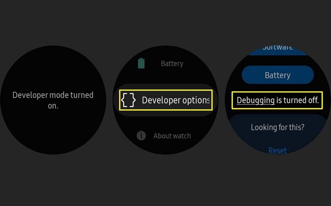Kehittäjätila ja virheenkorjausvaihtoehdot Samsung Galaxy Watchissa.