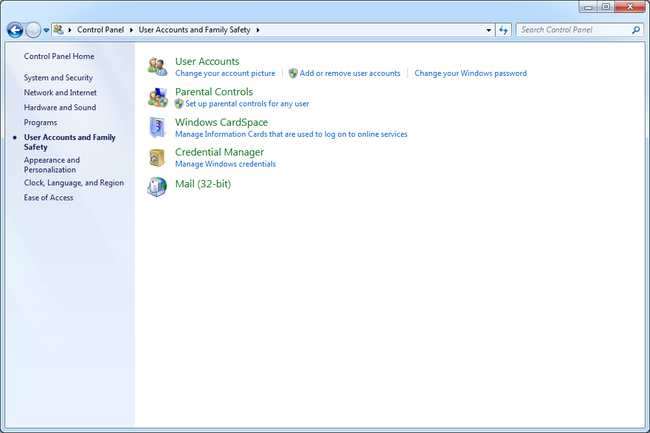 Käyttäjätilit ja perheen turvallisuus -näyttö Windows 7:ssä