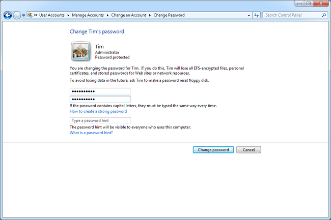 Windows 7 Vaihda salasana -näyttö