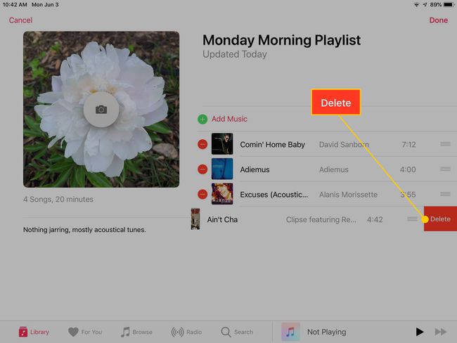 Poista soittolistasta -painike iPadin Musiikki-sovelluksessa