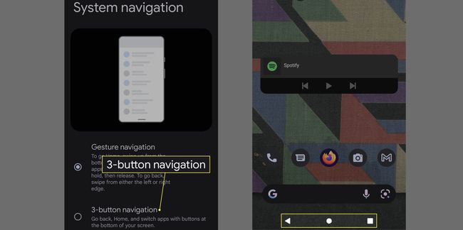 Kolmen painikkeen navigointi ja kolme painiketta Pixel 6:n päänäytön alaosassa