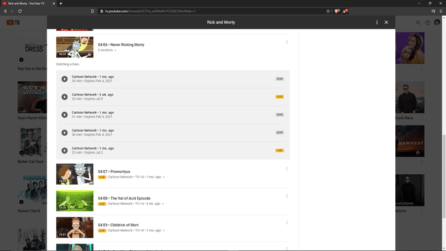 Kuvakaappaus YouTube TV:n tallennusversioista.