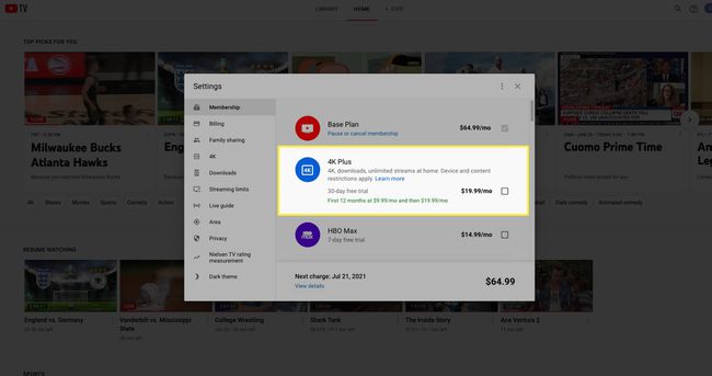 YouTube TV -tilausasetukset, joissa 4K Plus -tilaus on korostettuna