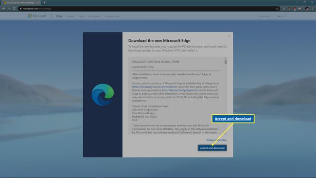 Microsoft Edge -ohjelmiston käyttöoikeusehdot, joissa Hyväksy ja Lataa korostettuina
