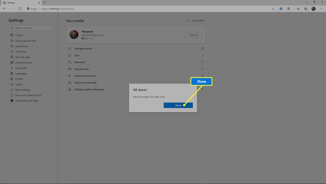 Onnistumisviesti tietojen tuonnin jälkeen Chromium Edgeen