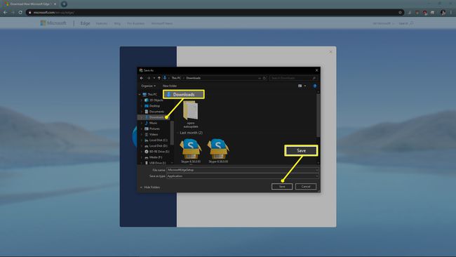 Kansio valittu Microsoft Edge -asennusohjelmalle ja Tallenna-painikkeelle