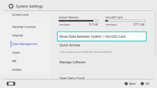 Tiedonhallinta ja tiedon siirtäminen järjestelmän/microSD-kortin välillä Nintendo Switchin järjestelmäasetuksissa