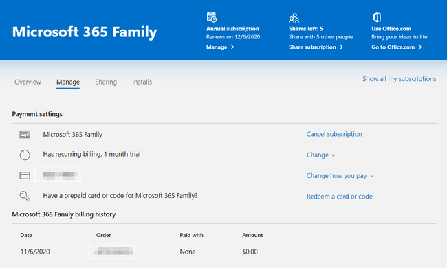 Kuvakaappaus Microsoft 365 Family beheer -järjestelmänvalvojasivulta