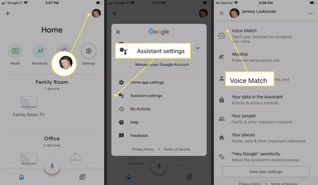 Ota Voice Match käyttöön iPhonen Google Home -sovelluksessa.