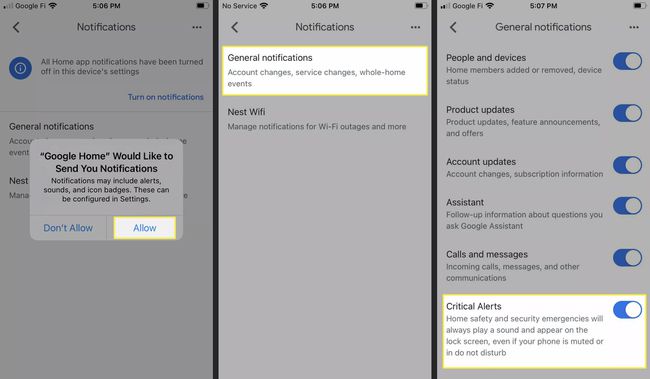 Ohjeet kriittisten hälytysten käyttöönottoon iPhonen Google Home -sovelluksessa.