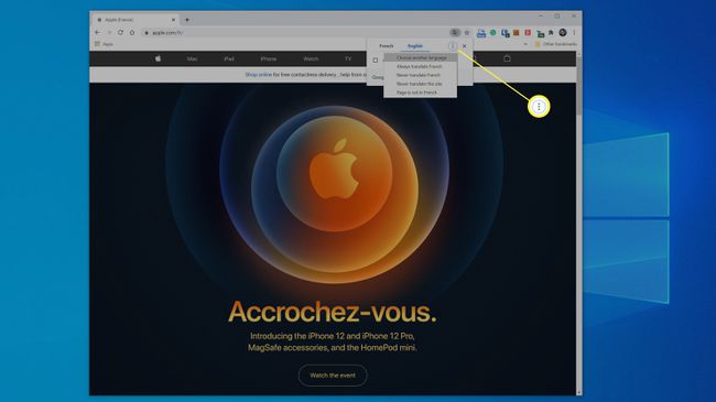 Chromen käännösvalikko ranskankielisellä verkkosivulla.