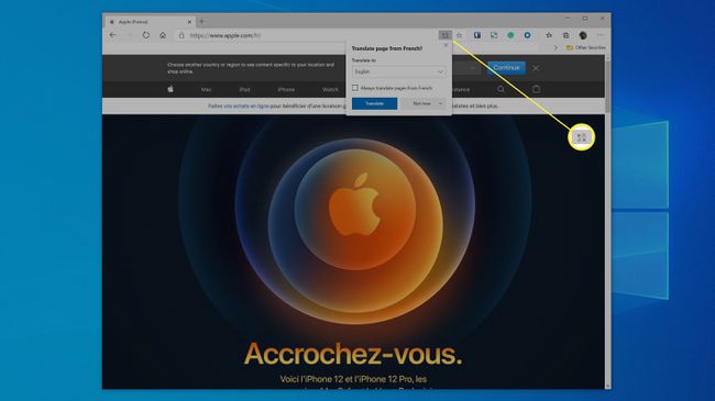 Microsoft Edge -käännösominaisuus ranskalaisella verkkosivustolla.