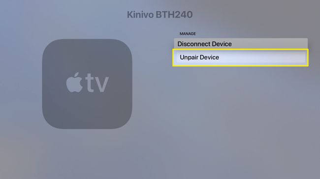 Kuvakaappaus Apple TV:n näytöstä Katkaise yhteys Bluetooth-laitteista