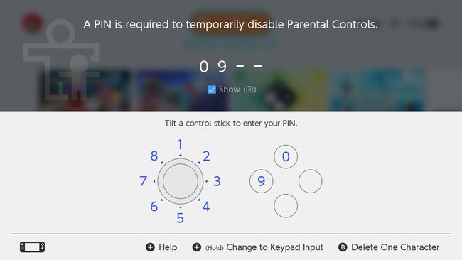 PIN-koodin syöttäminen Nintendo Switch Parental Controls -näytölle