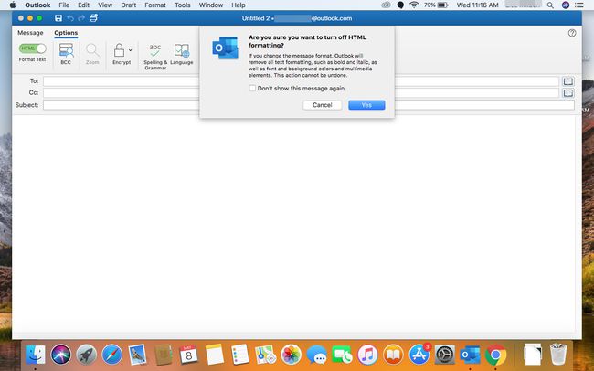 Varoitus vaihtamisesta pelkkään tekstiin Outlook for Macissa.