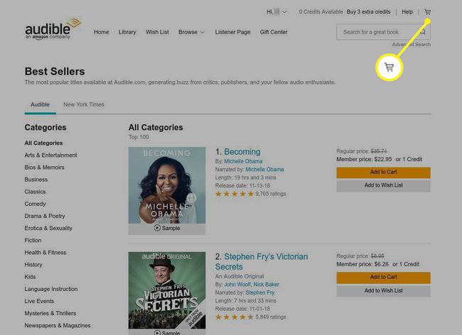 Ostoskorikuvake korostettuna Audible-sivun yläosassa