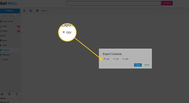 Vie-valintaikkuna AOL Mailissa CSV-vaihtoehdon korostettuna