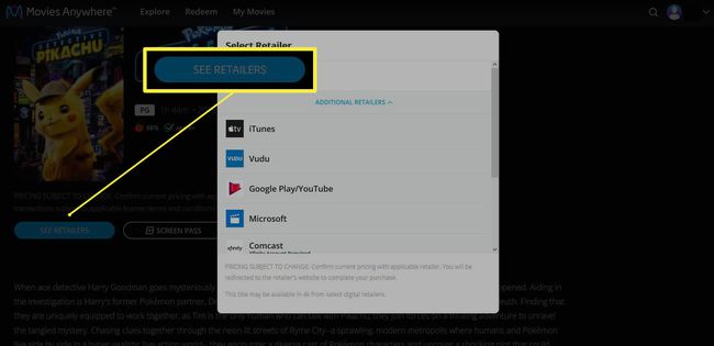 Movies Anywhere -sivusto, jossa on Näytä jälleenmyyjät -painike korostettuna.
