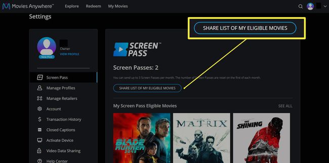 Näyttöpassit, joissa on mahdollisuus jakaa luettelo kelvollisista elokuvista Movies Anywhere -sivustolla.