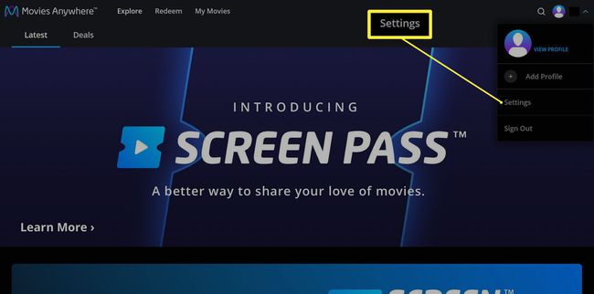 Asetukset-valikkokohta korostettuna Movies Anywhere -sivustolla.