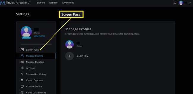 Screen Pass -valikkokohta korostettuna Movies Anywhere -sivuston Asetukset-osiossa.