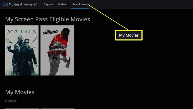 Movies Anywhere -sivusto, jossa Oma elokuvat -painike on korostettuna.