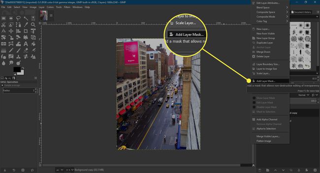 Kuvakaappaus GIMP:stä, jossa Add Layer Mask -komento on korostettuna
