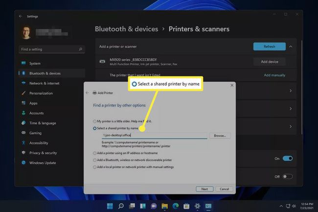 Valitse jaettu tulostin nimen perusteella Windows 11:ssä Lisää tulostinasetukset
