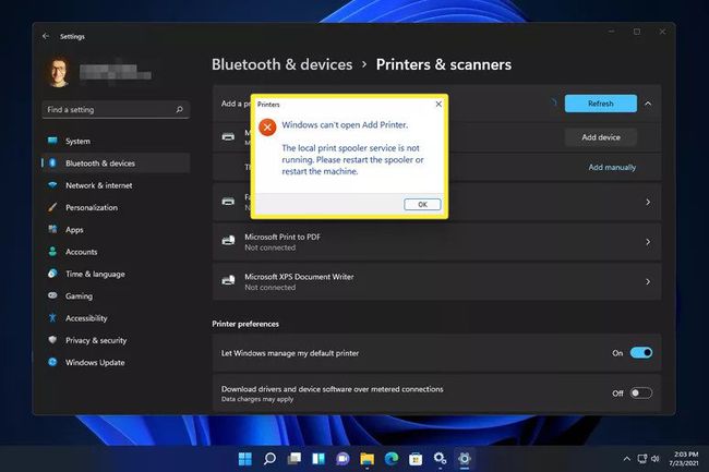Windows ei voi avata Lisää tulostinvirhe -toimintoa Windows 11:n asetuksista