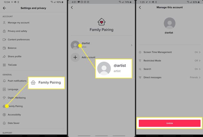 Poista lapsen tilin linkitys TikTokin perhejaossa.