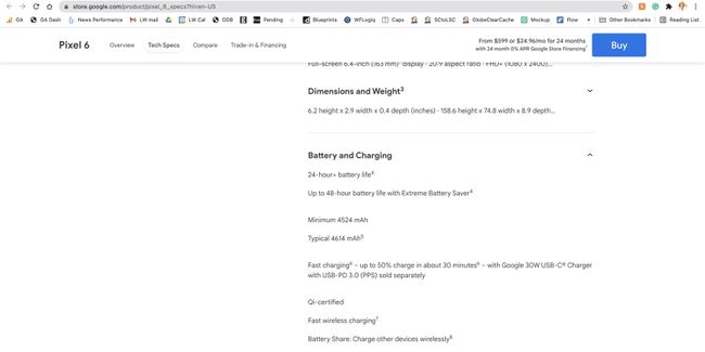 Kuvakaappaus Googlen tietosivusta Pixel 6 -puhelimelle.