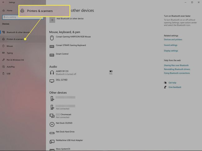 Windows 10 Devices Settings -näyttö, jossa tulostimet ja skannerit on korostettuna
