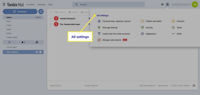 Yandex Mail -asetukset, joissa kaikki asetukset on korostettu